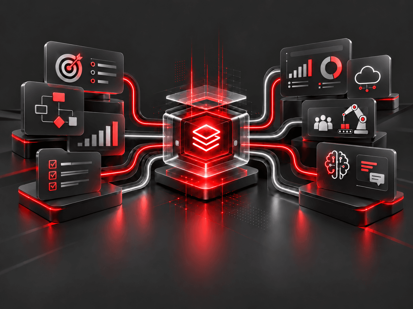 A glowing red core connected to floating panels for goals, process flows, reporting, test checklists, dashboards, cloud, teams, automation and AI